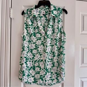 CAbi Green and White Floral Sleeveless Blouse
